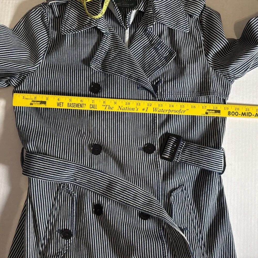 LAUREN Ralph Lauren blue striped denim double-breasted trench coat Small Spring